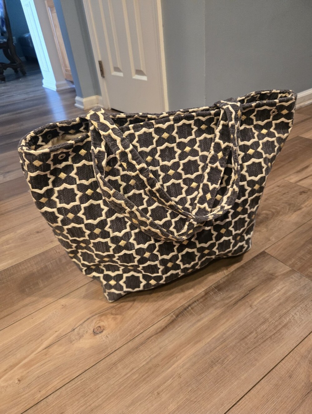Geometric Gray & Beige Fabric Tote Bag - Picture 8 of 9